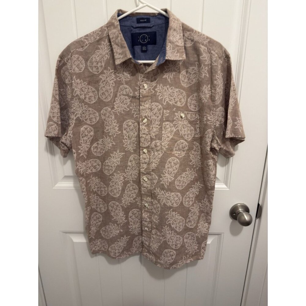 Even Tide Mens Pineapple Print Short Sleeve Button Down Shirt Tan Size L Regular